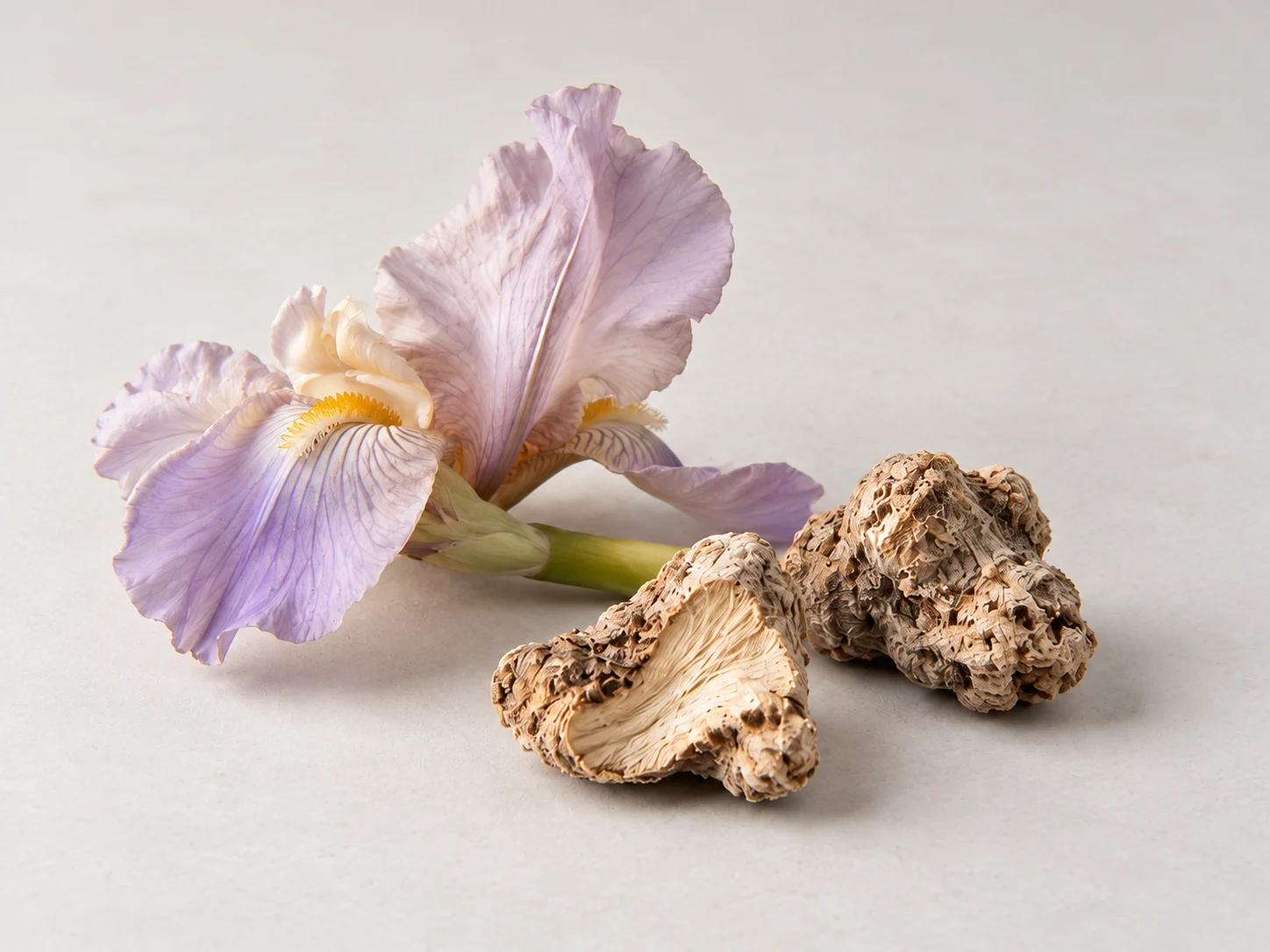 En ljus irisblomma och två torkade irisrötter på en ljus yta